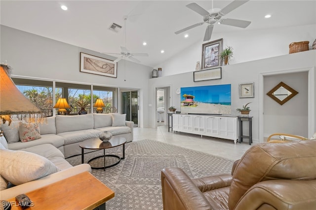 living room with high vaulted ceiling, recessed lighting, visible vents, and tile patterned floors