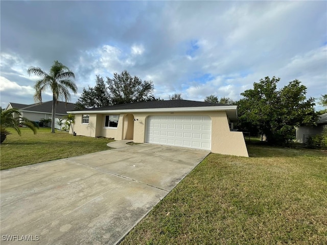 single story home with a front lawn and a garage