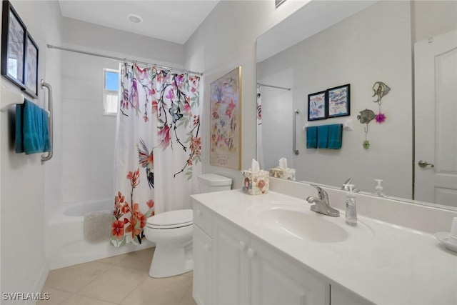 full bathroom with tile patterned flooring, vanity, shower / tub combo with curtain, and toilet