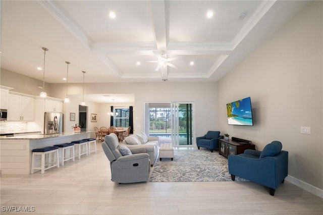 living room featuring ceiling fan with notable chandelier, beamed ceiling, light hardwood / wood-style floors, ornamental molding, and coffered ceiling