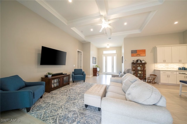 living room with ceiling fan, light hardwood / wood-style floors, coffered ceiling, and beamed ceiling