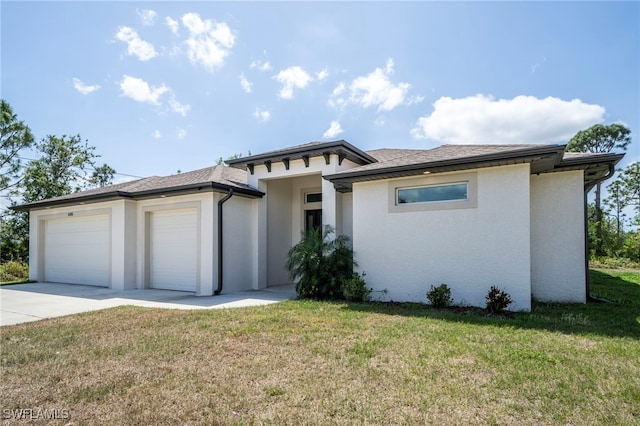 5435 Montego Ln, Port Charlotte, FL 33981 - prairie-style house featuring stucco siding, a garage, driveway, and a front lawn