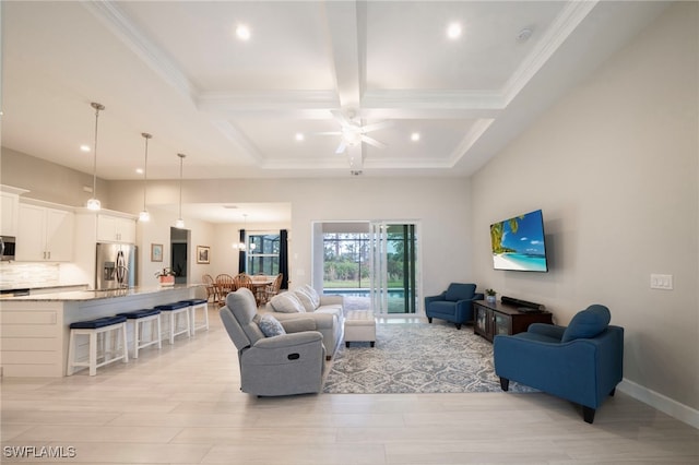 5435 Montego Ln, Port Charlotte, FL 33981 - living room featuring recessed lighting, a ceiling fan, coffered ceiling, beamed ceiling, and ornamental molding