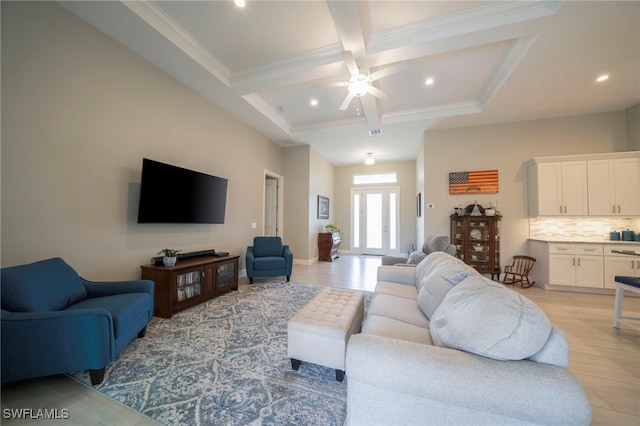 5435 Montego Ln, Port Charlotte, FL 33981 - living room featuring coffered ceiling, beam ceiling, a ceiling fan, crown molding, and recessed lighting