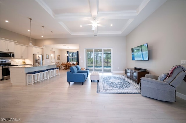 5435 Montego Ln, Port Charlotte, FL 33981 - living room featuring coffered ceiling, a ceiling fan, recessed lighting, beam ceiling, and ornamental molding