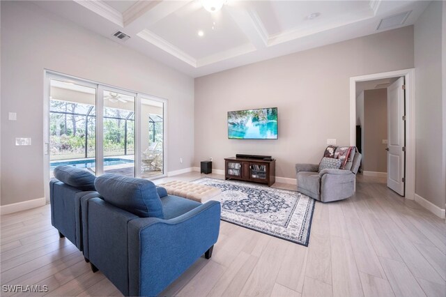 5435 Montego Ln, Port Charlotte, FL 33981 - living room with ceiling fan, coffered ceiling, light wood-style floors, beam ceiling, and baseboards