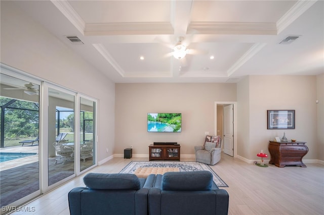 5435 Montego Ln, Port Charlotte, FL 33981 - living room with a ceiling fan, coffered ceiling, light wood-type flooring, recessed lighting, and beamed ceiling