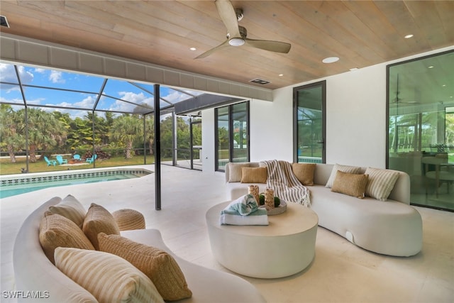 sunroom / solarium featuring a swimming pool, wooden ceiling, visible vents, and a ceiling fan