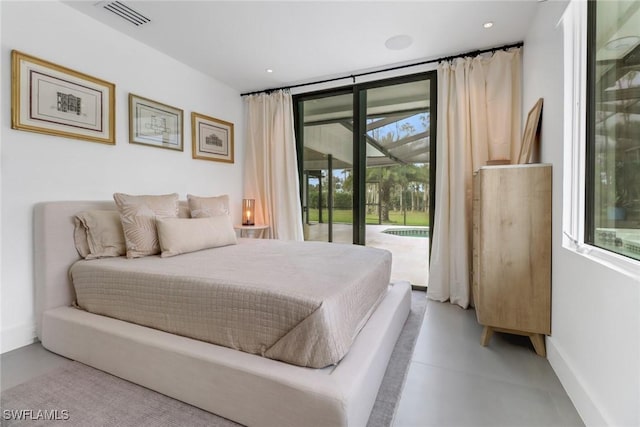 bedroom featuring access to outside, visible vents, concrete floors, and recessed lighting