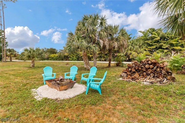 view of yard with an outdoor fire pit