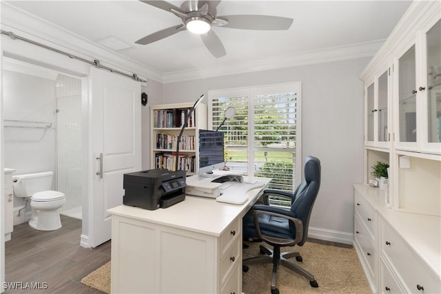 office space featuring ceiling fan, crown molding, and hardwood / wood-style flooring