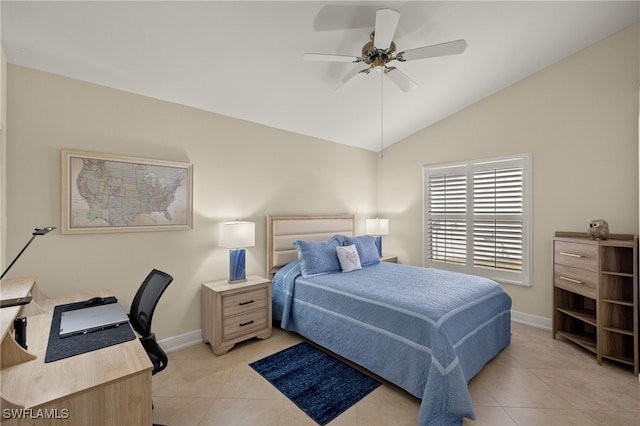 bedroom featuring light tile patterned floors, baseboards, vaulted ceiling, and a ceiling fan