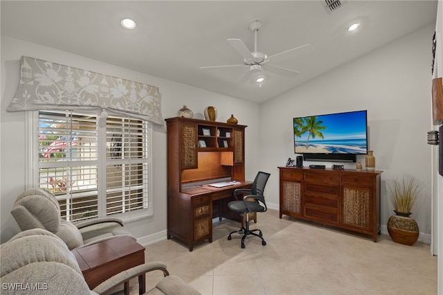 office area with visible vents, baseboards, lofted ceiling, ceiling fan, and recessed lighting