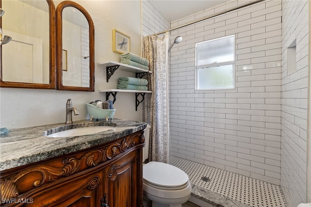 bathroom with a shower with curtain, vanity, and toilet