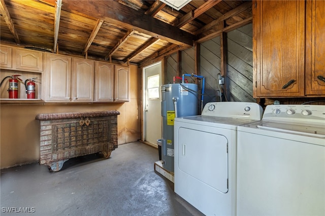 laundry room with wooden walls, washer and clothes dryer, electric water heater, and wooden ceiling