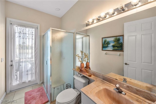 full bath featuring toilet, a shower stall, vanity, and tile patterned floors