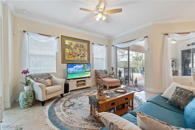 living room featuring ceiling fan, light tile patterned floors, and ornamental molding