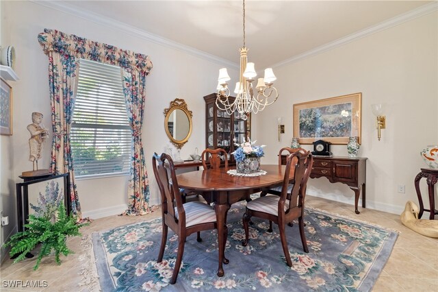 tiled dining room with ornamental molding and a notable chandelier