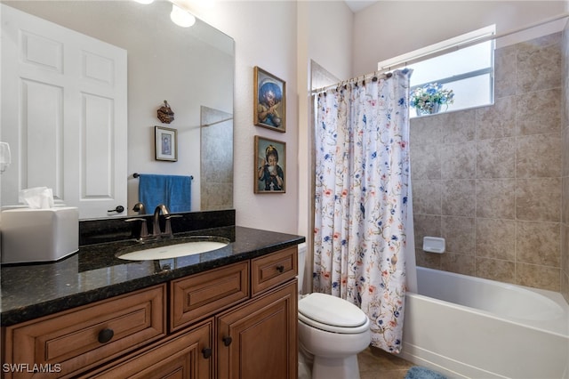 bathroom with shower / bath combination with curtain, toilet, vanity, and tile patterned floors