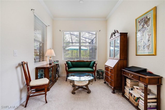 living area featuring ornamental molding, baseboards, and light colored carpet