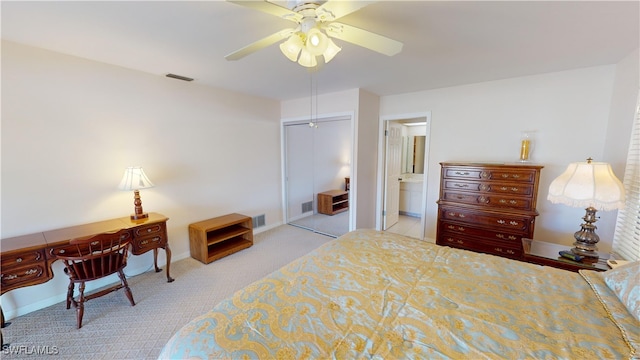 carpeted bedroom with ceiling fan, a closet, and connected bathroom