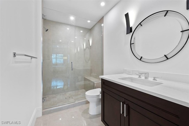 bathroom featuring an enclosed shower, vanity, tile patterned floors, and toilet