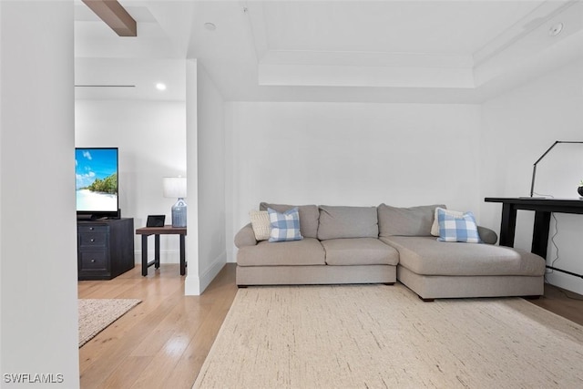 living area featuring a tray ceiling, crown molding, baseboards, and wood finished floors