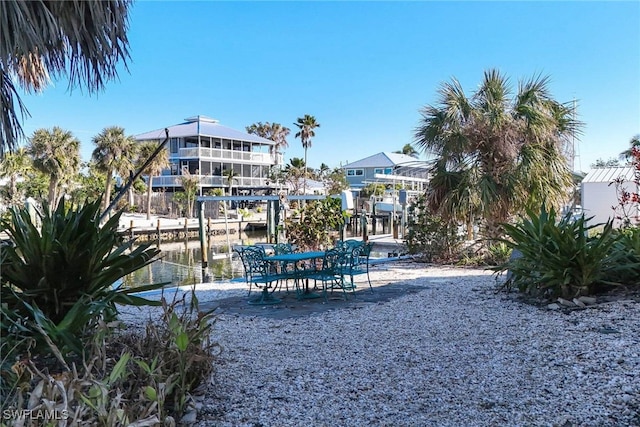 view of community featuring a dock and a water view