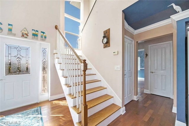 entrance foyer with dark hardwood / wood-style floors and ornamental molding