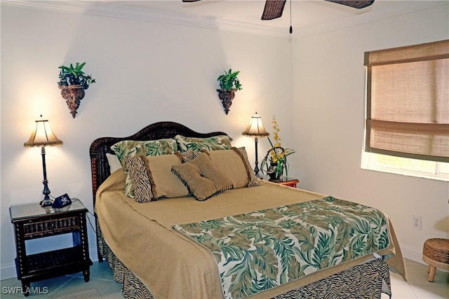 bedroom featuring tile patterned flooring and crown molding