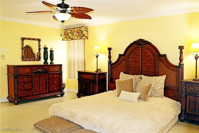 tiled bedroom featuring ornamental molding and ceiling fan