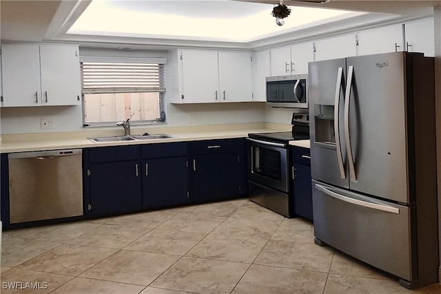 kitchen with white cabinetry, appliances with stainless steel finishes, a tray ceiling, and sink