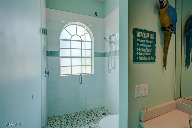 bathroom with toilet, a shower with door, vanity, and a healthy amount of sunlight