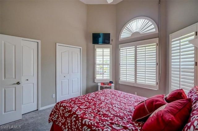 carpeted bedroom featuring a high ceiling, multiple windows, and two closets