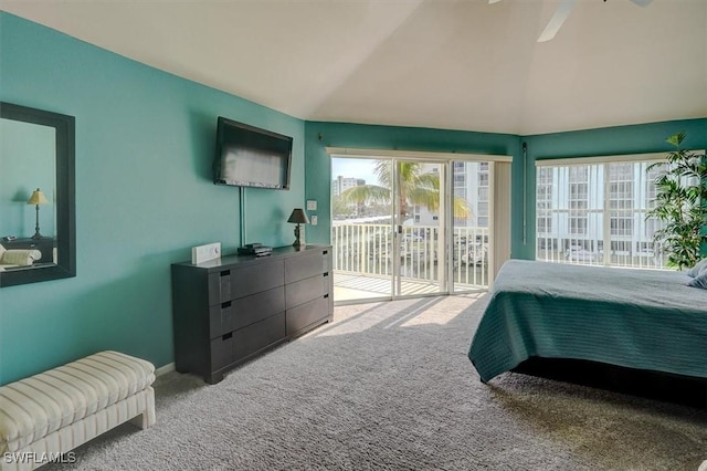 bedroom featuring ceiling fan, vaulted ceiling, access to outside, and carpet flooring