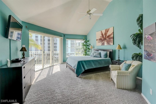 bedroom with light carpet, access to exterior, high vaulted ceiling, and ceiling fan