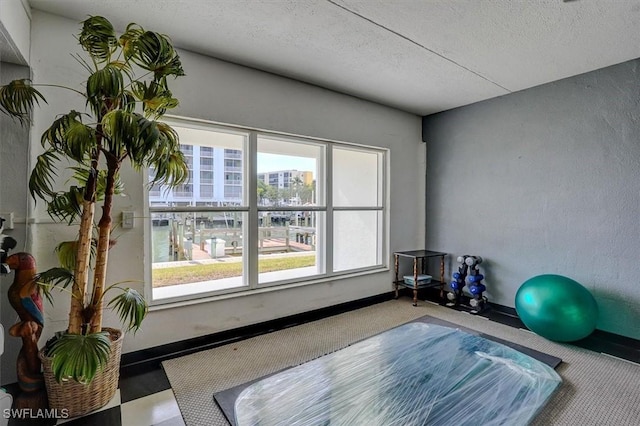 workout area featuring a textured ceiling and a wealth of natural light