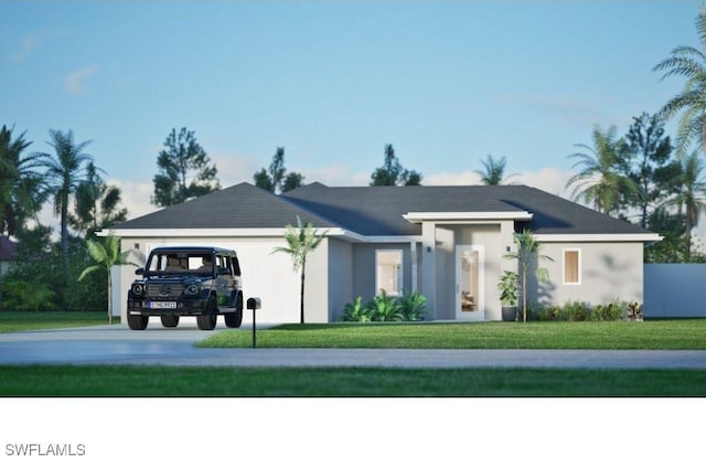 single story home featuring a front yard and a garage