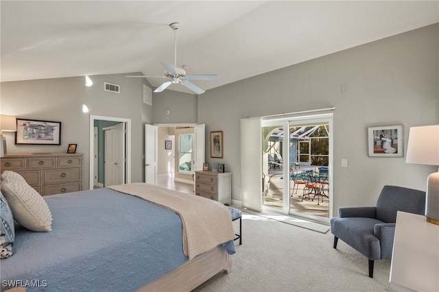 bedroom with ceiling fan, light colored carpet, a sunroom, visible vents, and access to outside