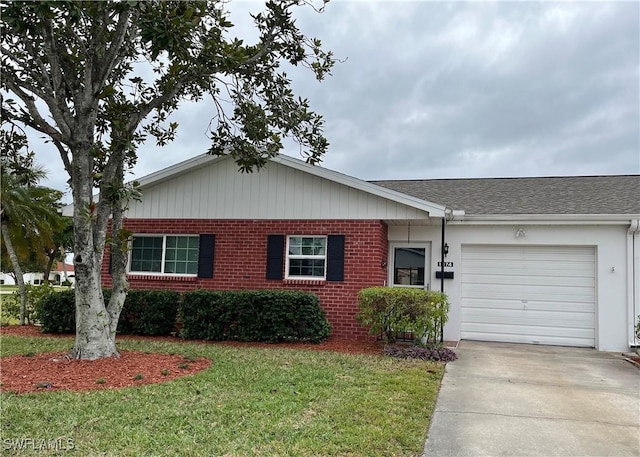 1374 Eagle Way, Fort Myers, FL 33919 - single story home featuring brick siding, an attached garage, driveway, a front lawn, and roof with shingles