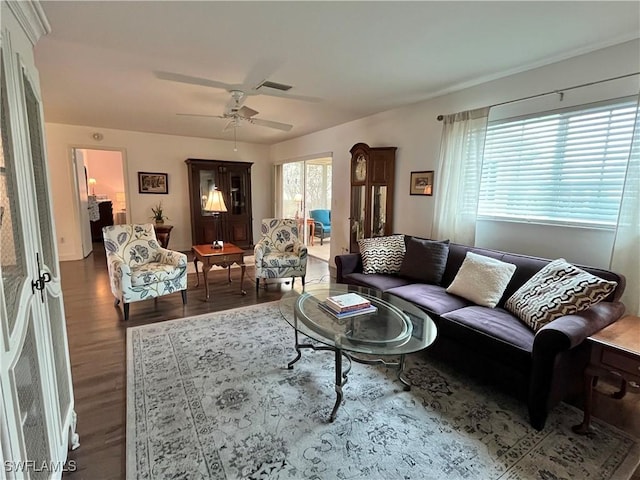 living room featuring ceiling fan and hardwood / wood-style floors