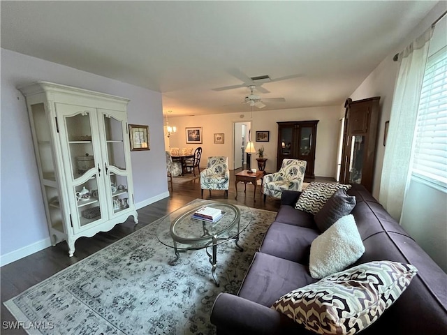 1374 Eagle Way, Fort Myers, FL 33919 - living room with wood finished floors, ceiling fan, a chandelier, and baseboards