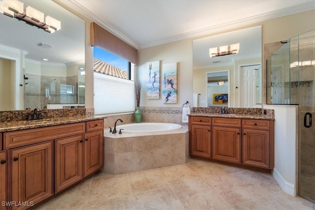 bathroom with ornamental molding, vanity, and separate shower and tub