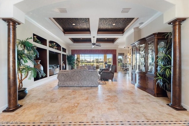 living room featuring coffered ceiling, ornamental molding, decorative columns, and ceiling fan