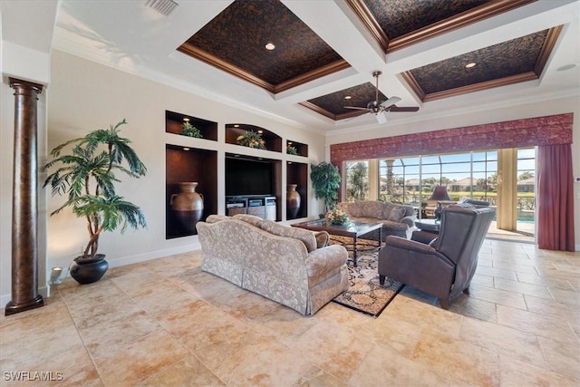 living room with ornate columns, beamed ceiling, coffered ceiling, ceiling fan, and crown molding