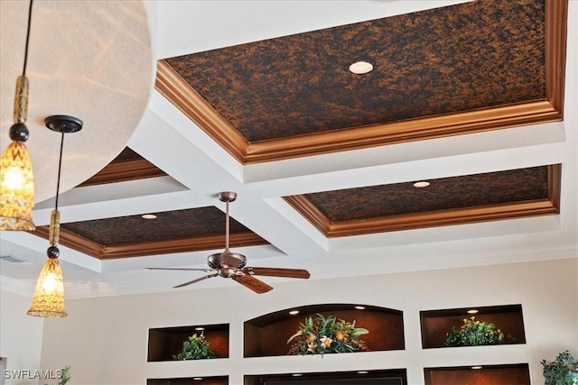 room details with coffered ceiling, ornamental molding, and beamed ceiling