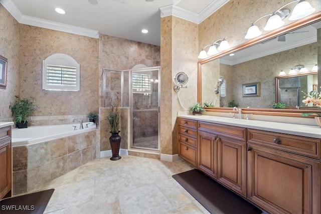 bathroom with crown molding, vanity, and independent shower and bath