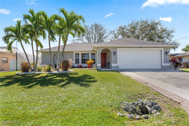 single story home featuring a front lawn and a garage