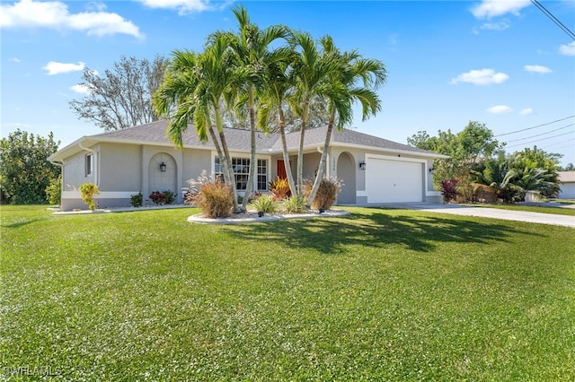 single story home featuring a garage and a front lawn