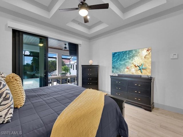 bedroom featuring coffered ceiling, hardwood / wood-style flooring, access to outside, and ceiling fan